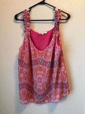 Rose + Olive Paisley Tank Top Size L Ruffle Strap Boho Blouse